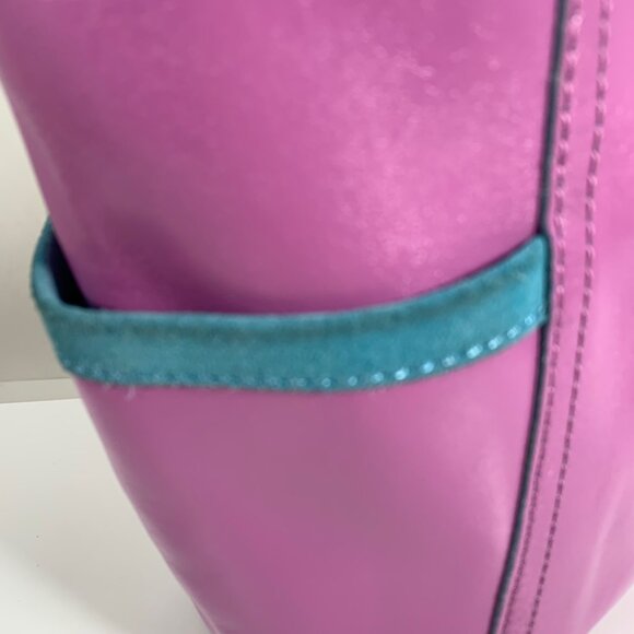 B Makowsky Purple Patent Leather Teal Suede Trim Tote Handbag Weekender Bag - Picture 14 of 14